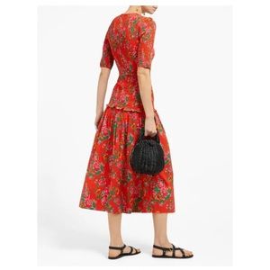 RHODE Resort Zola Shirred Red Floral-Print Cotton Midi Dress, Size XS